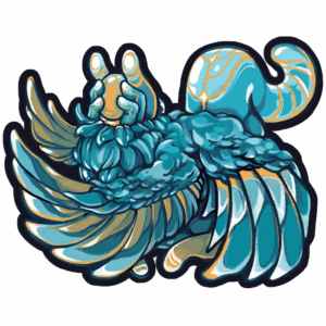 Sticker of a unique creature inspired by nudibranchs and eldritch angels. It's teal blue with orange highlights, eye stalks, and wings