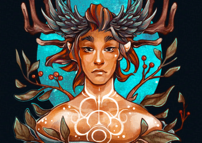 Portrait illustration of an androgynous figure with auburn hair and a scrolling white tattoo that runs down their neck and chest. They have antlers that meet their forehead in a feathered crest, and they are framed by boughs of leaves and red berries