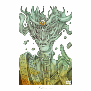 A pencil drawing with digital color overlay featuring a chained humanoid with a single golden eye at their forehead