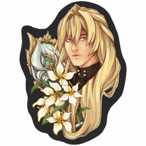 Character sticker of Luocha from Honkai Star Rail. He appears framed by white lilies and backed by his decorative coffin