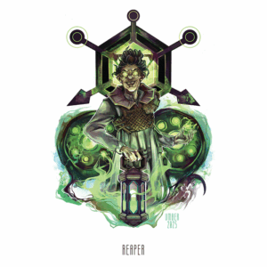 Print of Johanna Hezenkoss over the word "Reaper" She's got a mad scientist smile and is holding the gloaming lantern which spews green energy around her