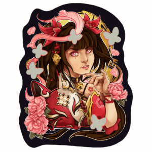 Character sticker of Sparkle from Honkai Star Rail with her kitsune mask, pink flowers, and sparkle finish butterflies