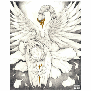 A print featuring a kneeling manticore-eque creature with a gold tipped scorpion stinger raised behind them